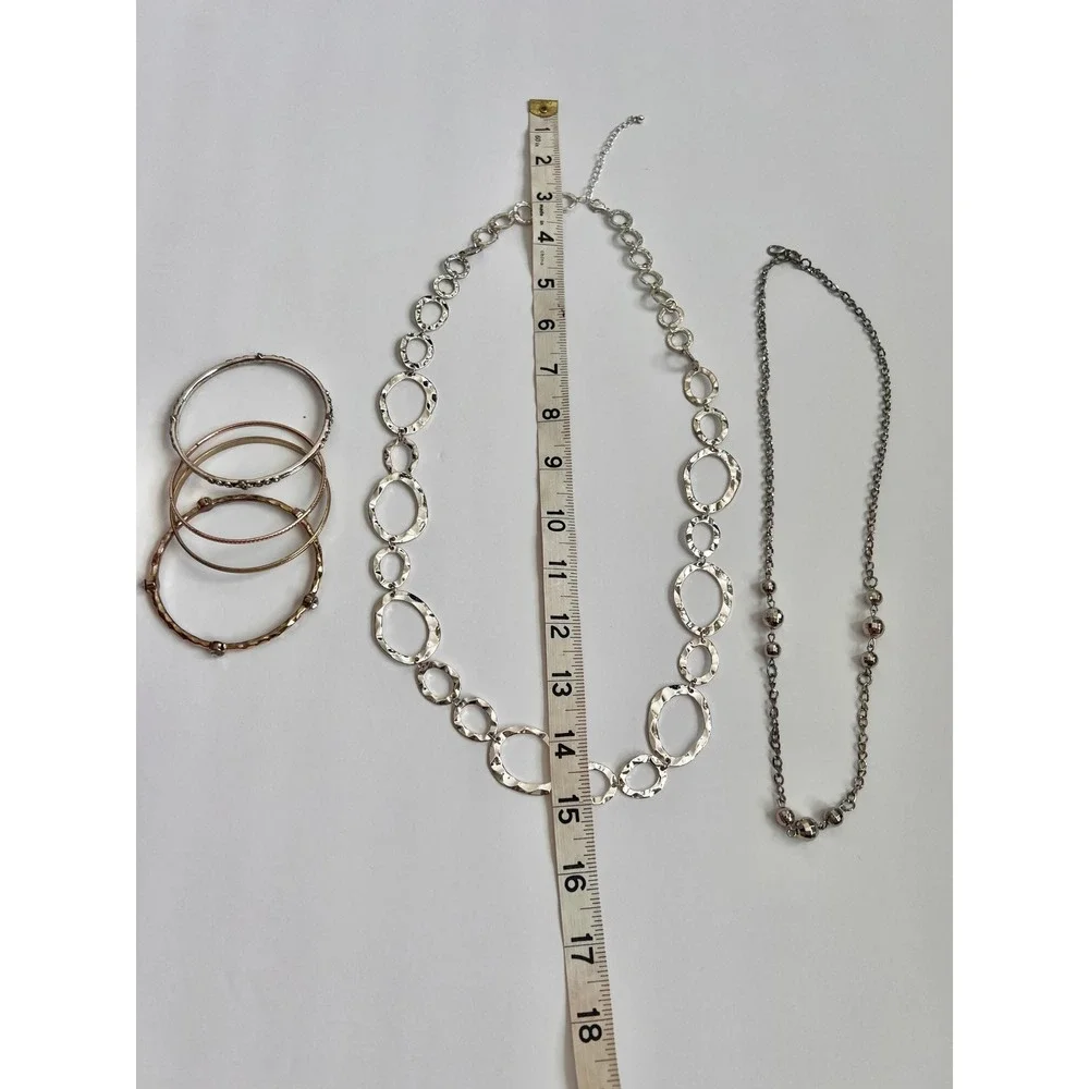 Two Necklaces & Bangle Lot‎ - Silver Tone Chain Link Statement Jewelry Set